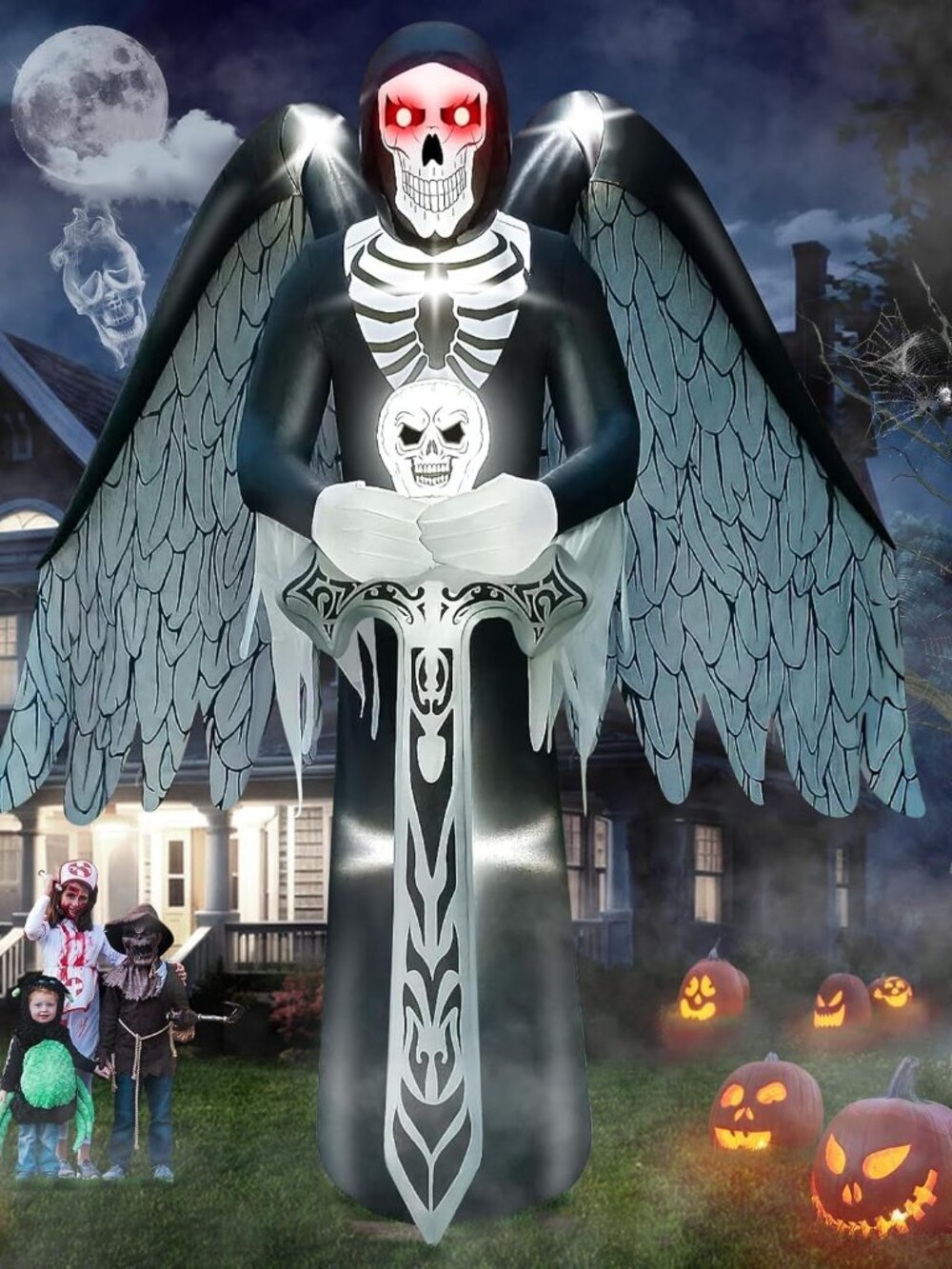 12FT Halloween Inflatables with LED Light Kalolary Giant Winged Grim Reaper